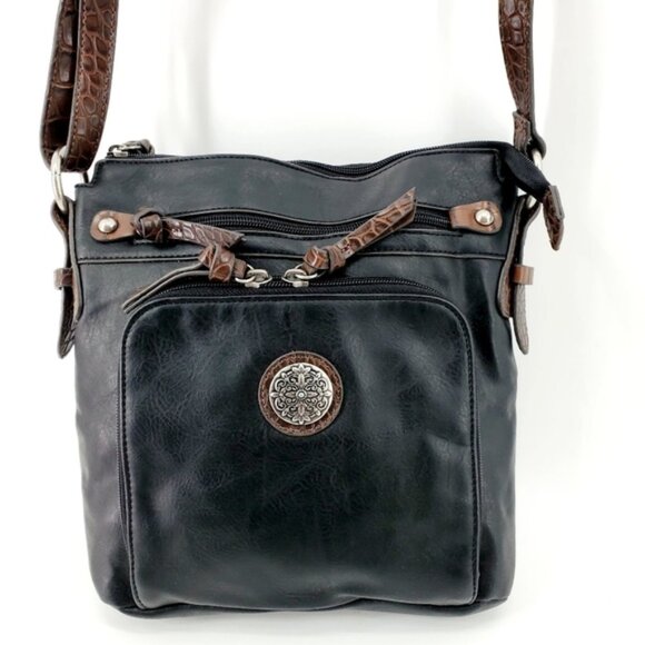 Bueno Handbags - BUENO Women's Crossover Black & Brown Faux Leather Croc Strap Multi Pockets Bag